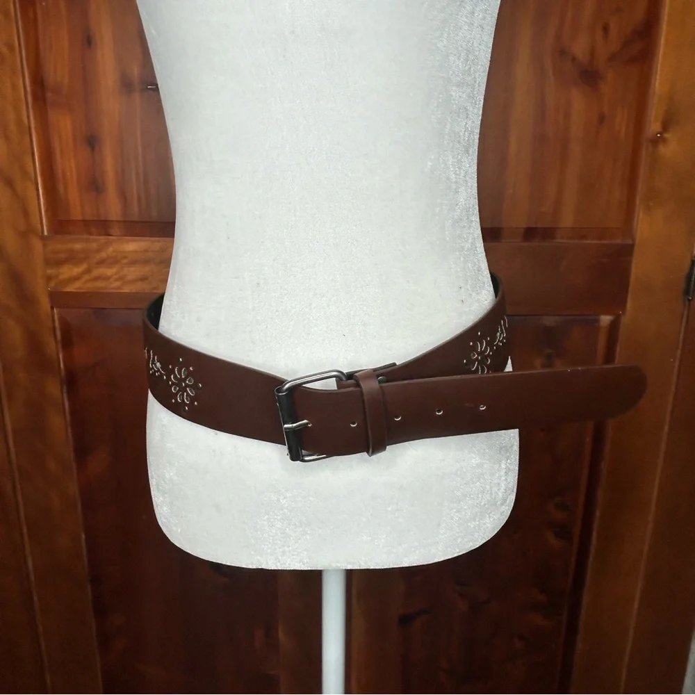Moroccan Boutique Laser Cut Leather Belt with Floral Accents and Studs Western